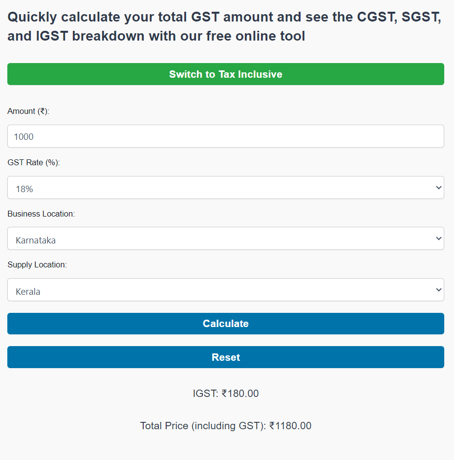 gst calculator result